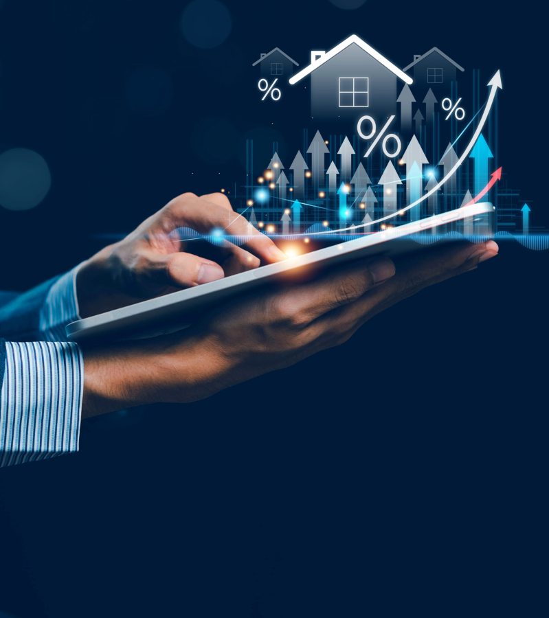 Real estate concept business, Businessman holding virtual graph showing real estate market growth. Perfect for financial, real estate, and investment presentations. Property market analysis concept.